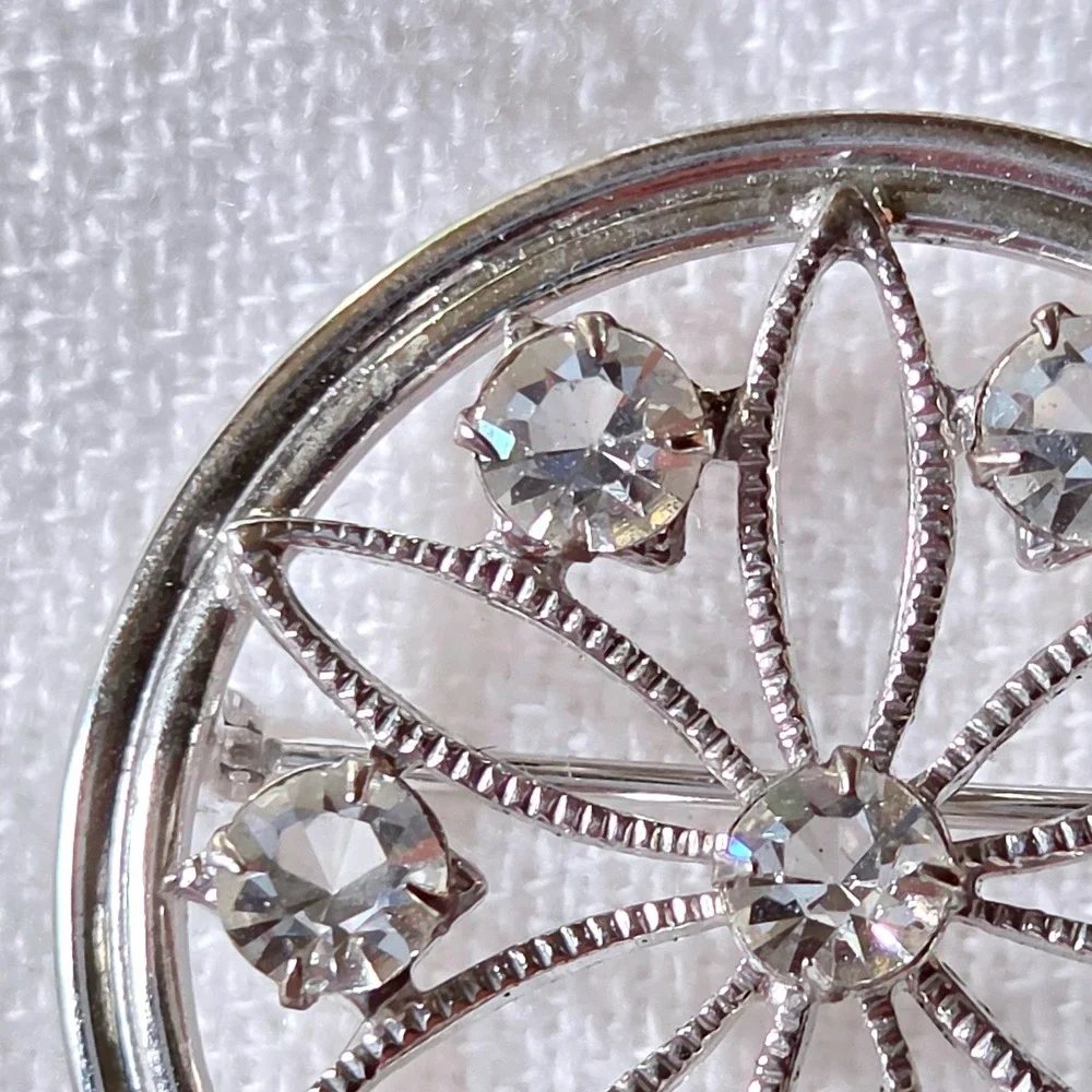 Carl Art Vintage Brooch Sterling Silver Rhinestone Floral Unique Circle Pin